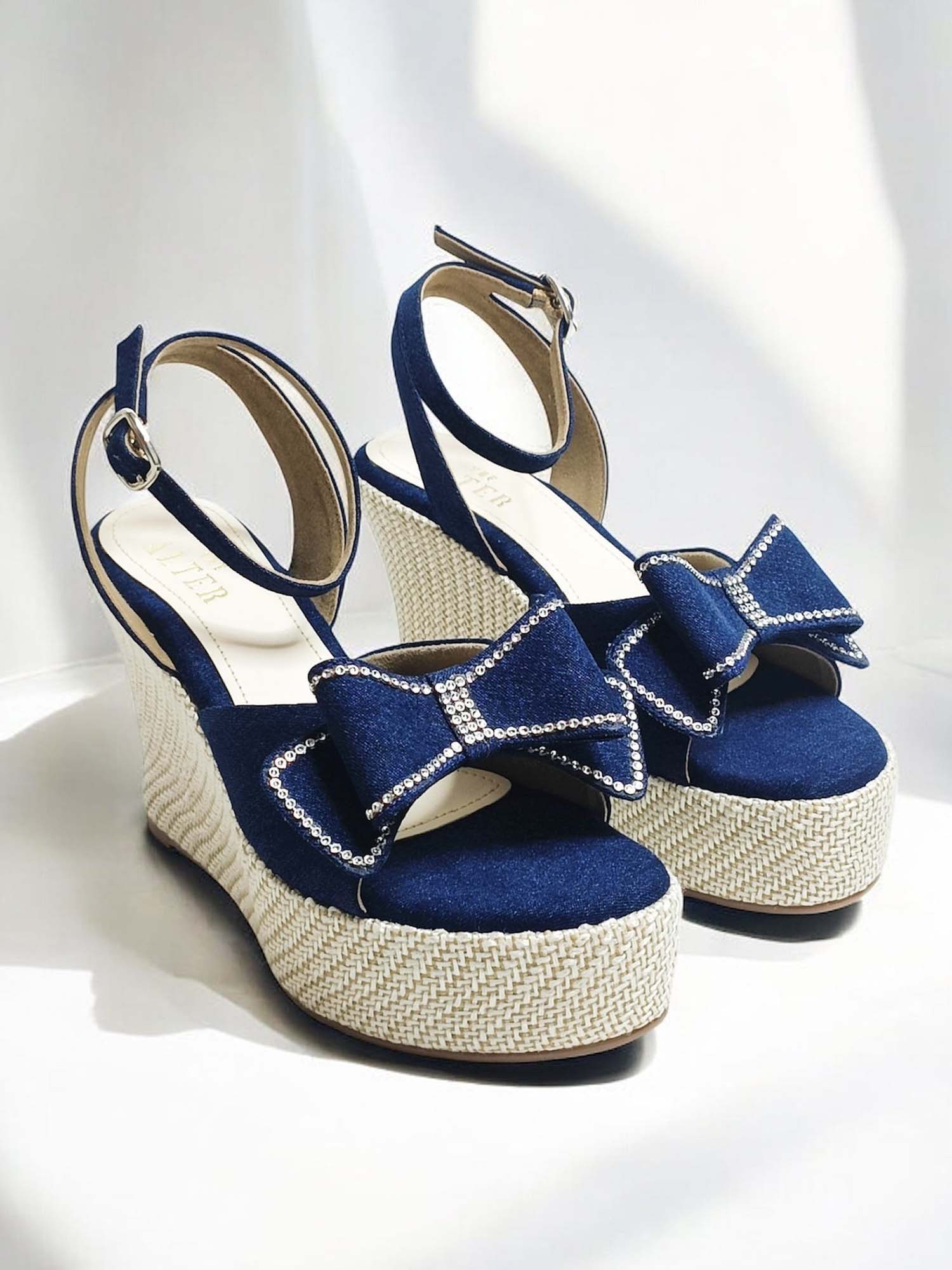 Denim Blue Bow Wedge Heels