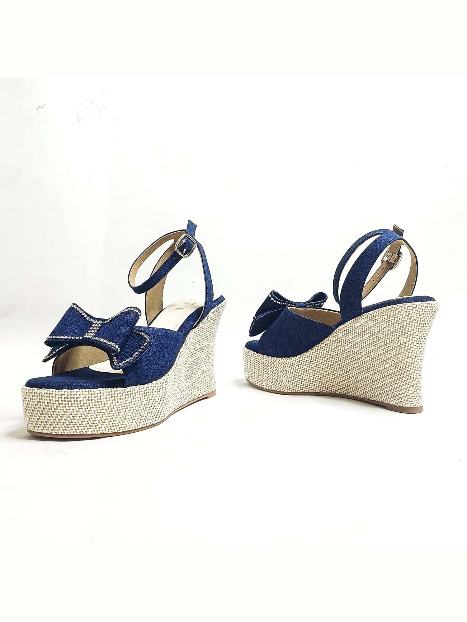 Denim Blue Bow Wedge Heels