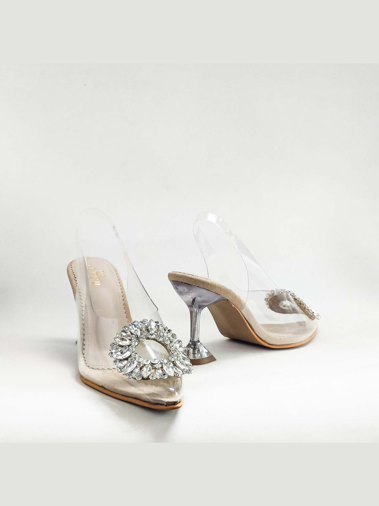 Layla Beige Embellished Pyramid Heels