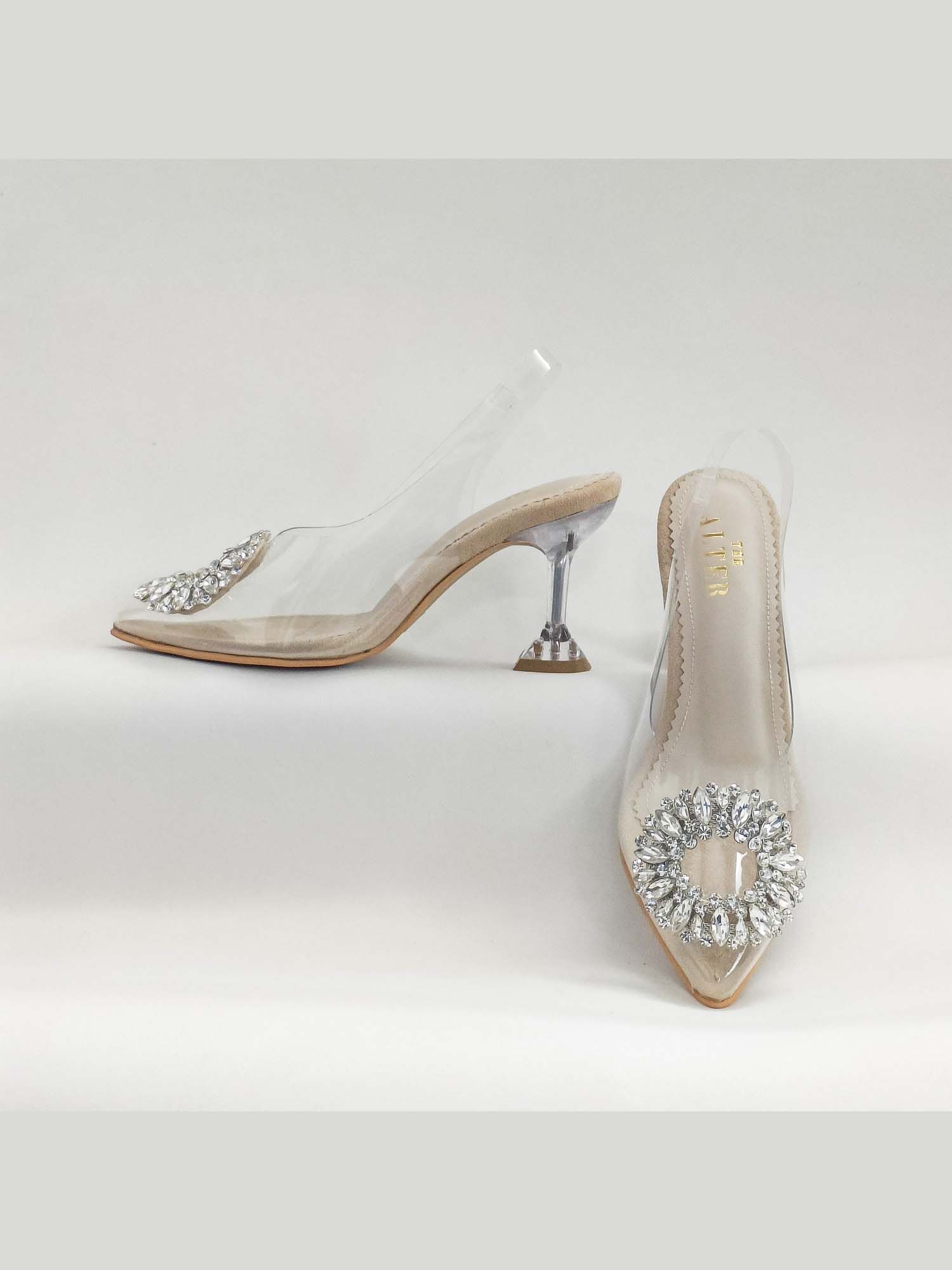 Layla Beige Embellished Pyramid Heels