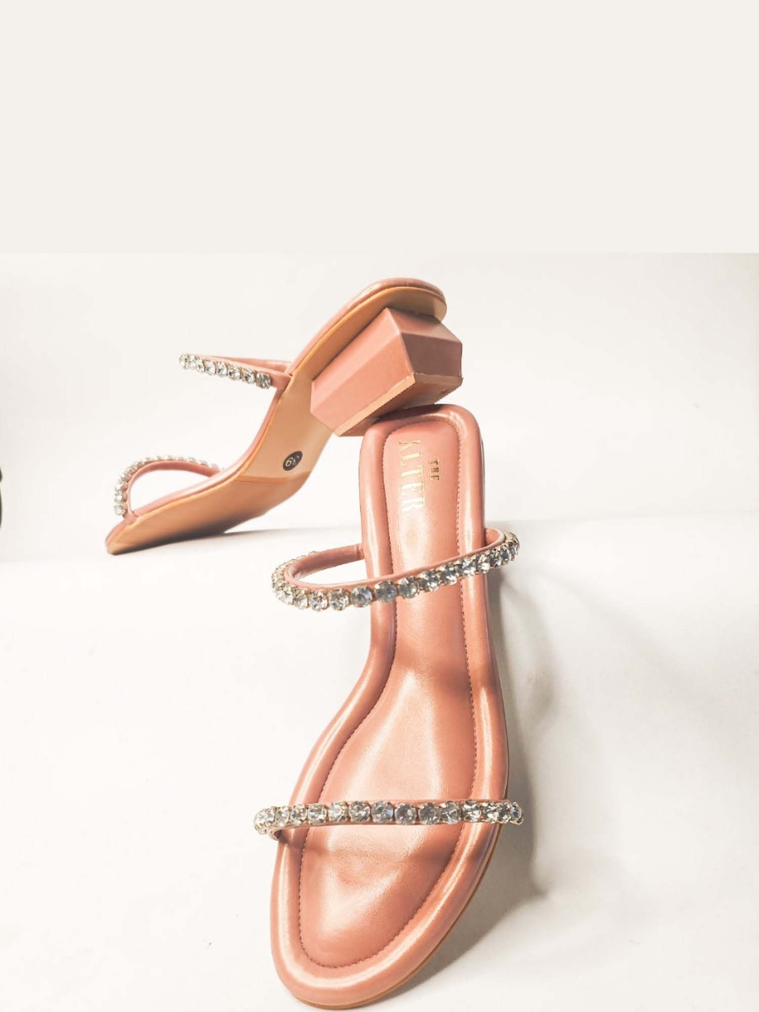 Mysha Peach Embellished Block Heels