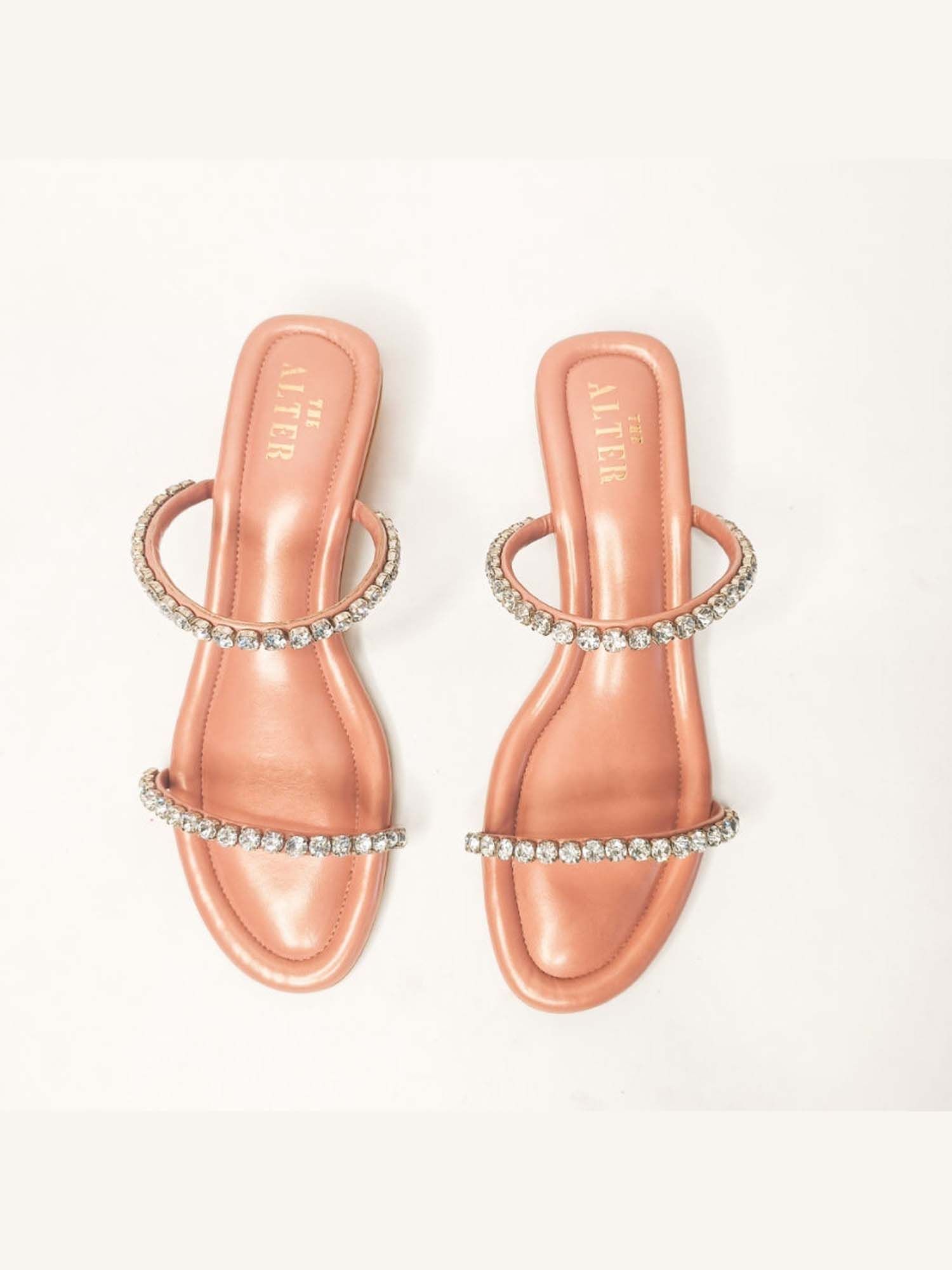Mysha Peach Embellished Block Heels