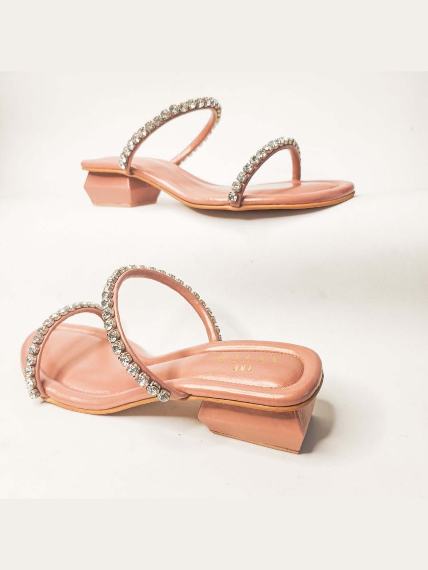 Mysha Peach Embellished Block Heels
