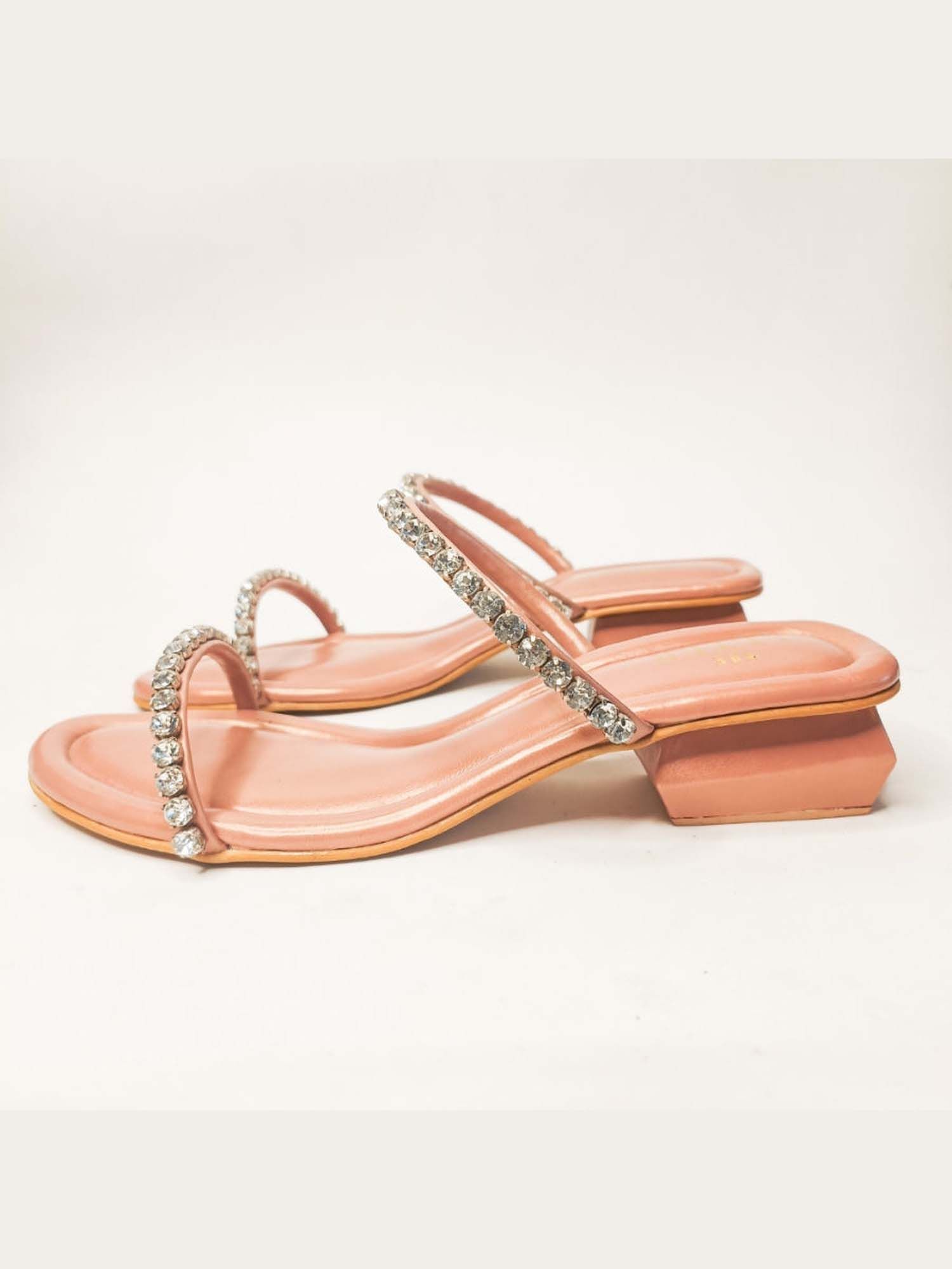 Mysha Peach Embellished Block Heels