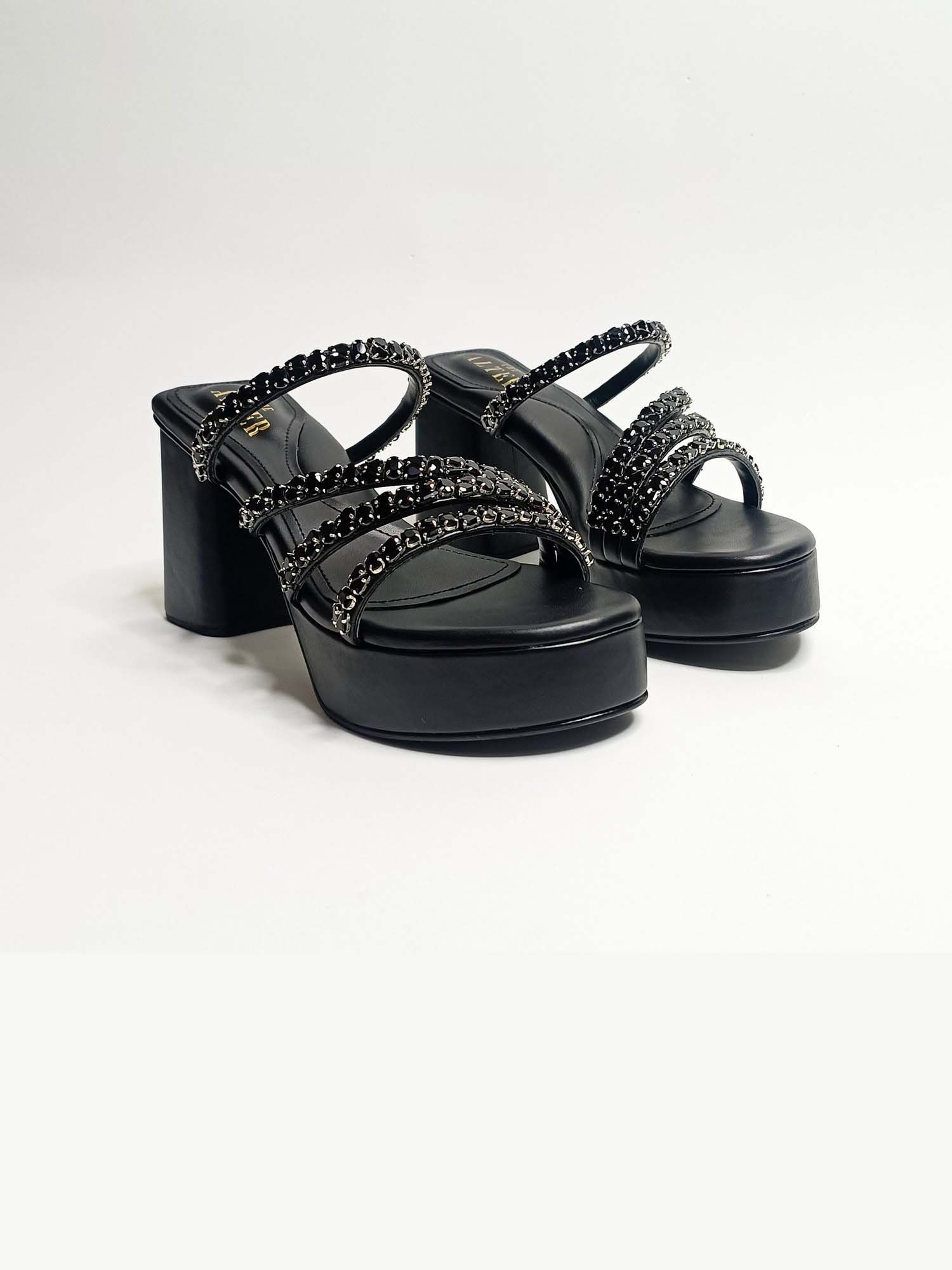 Norah Black Embellished Platform Block Heels