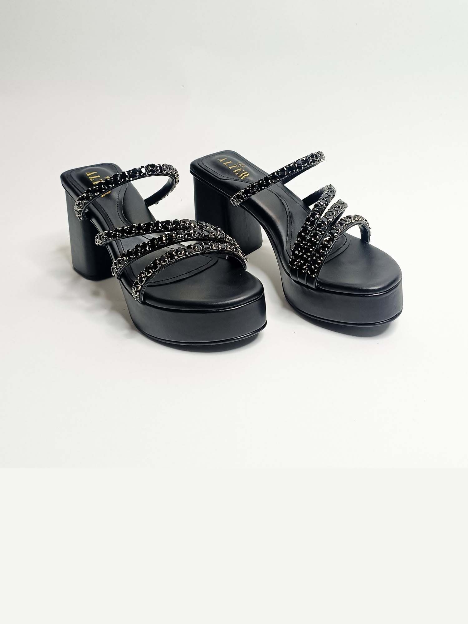 Norah Black Embellished Platform Block Heels