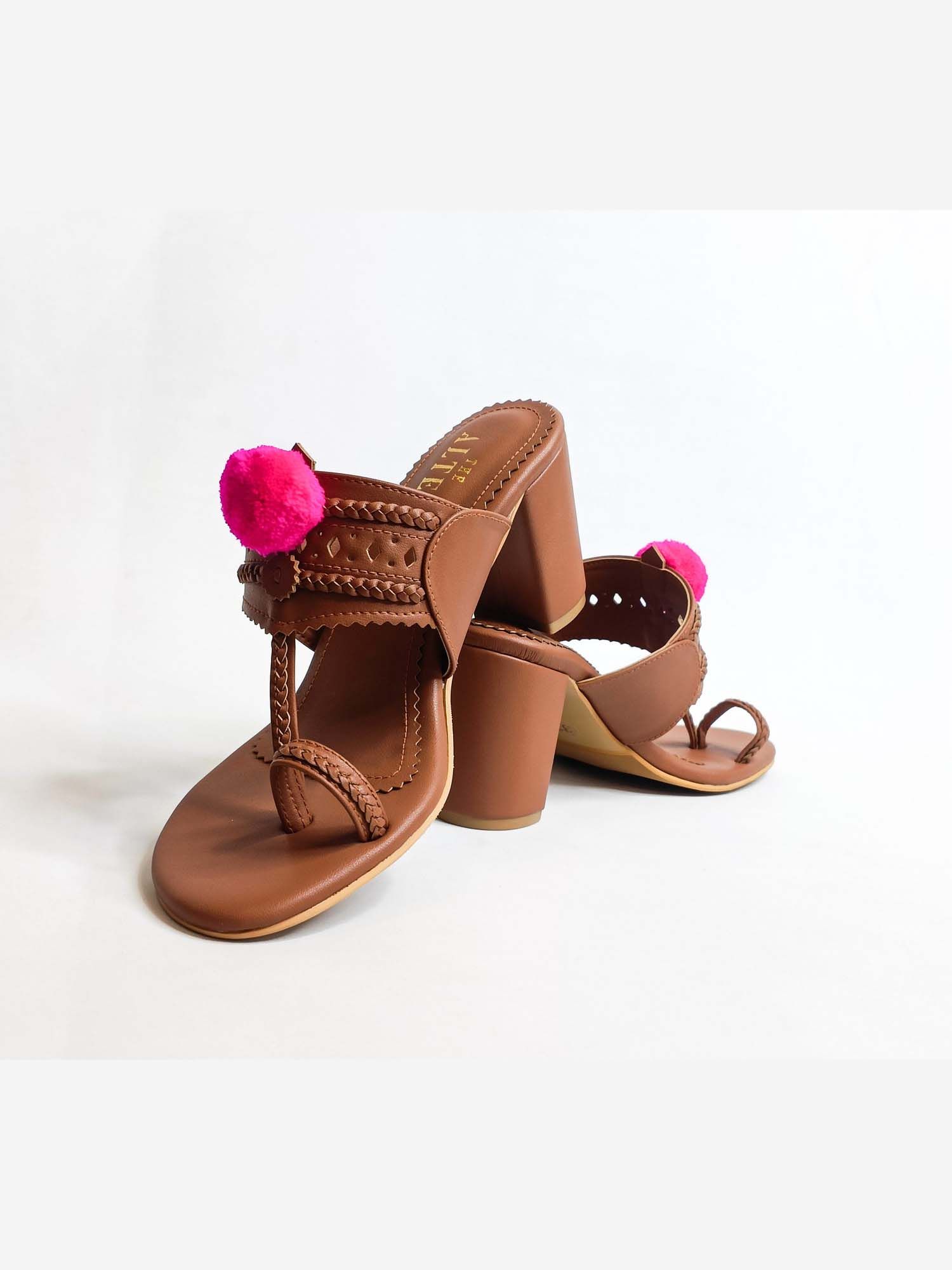 Pom Pom Tan Kohla Block Heels