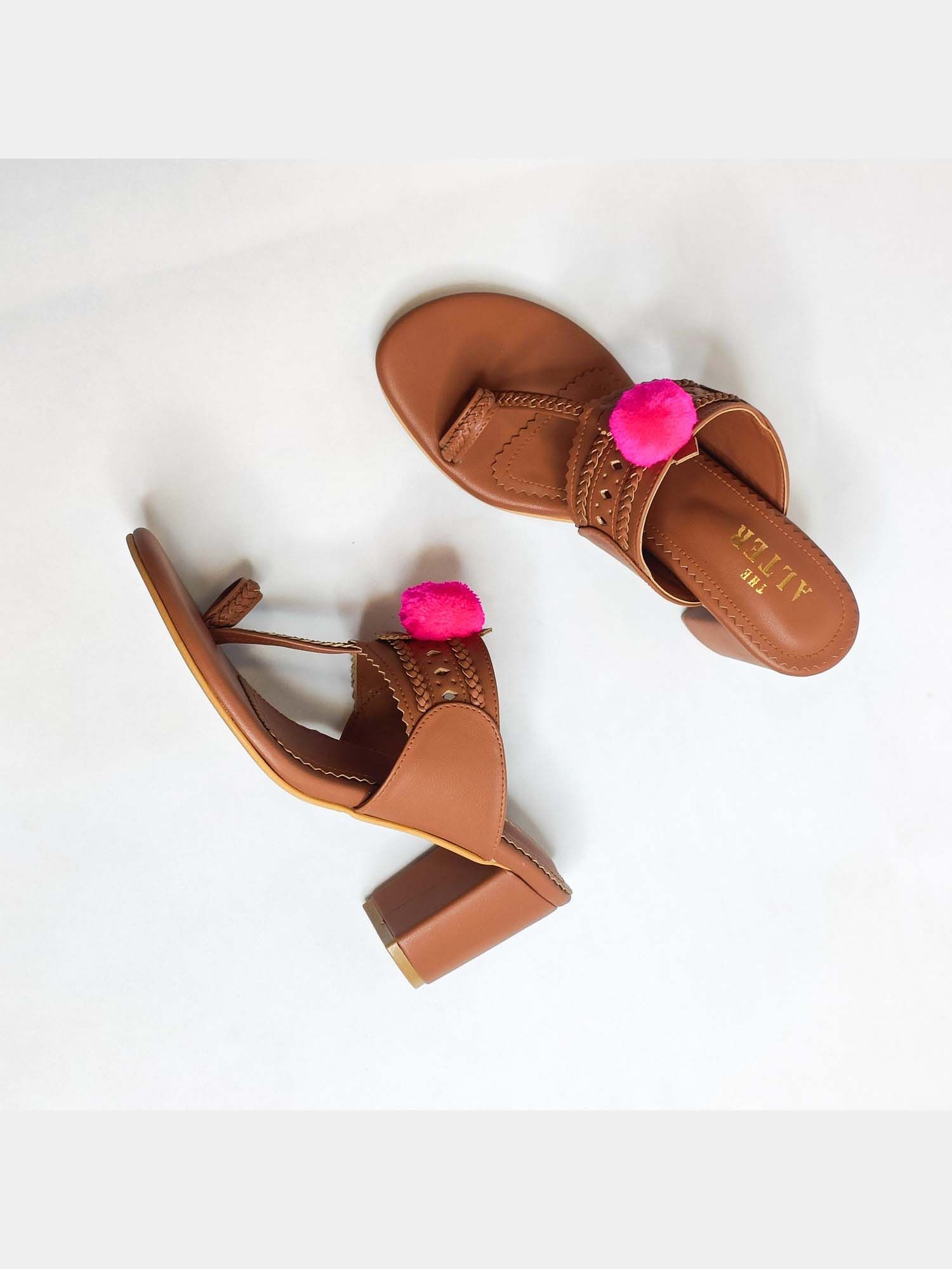 Pom Pom Tan Kohla Block Heels