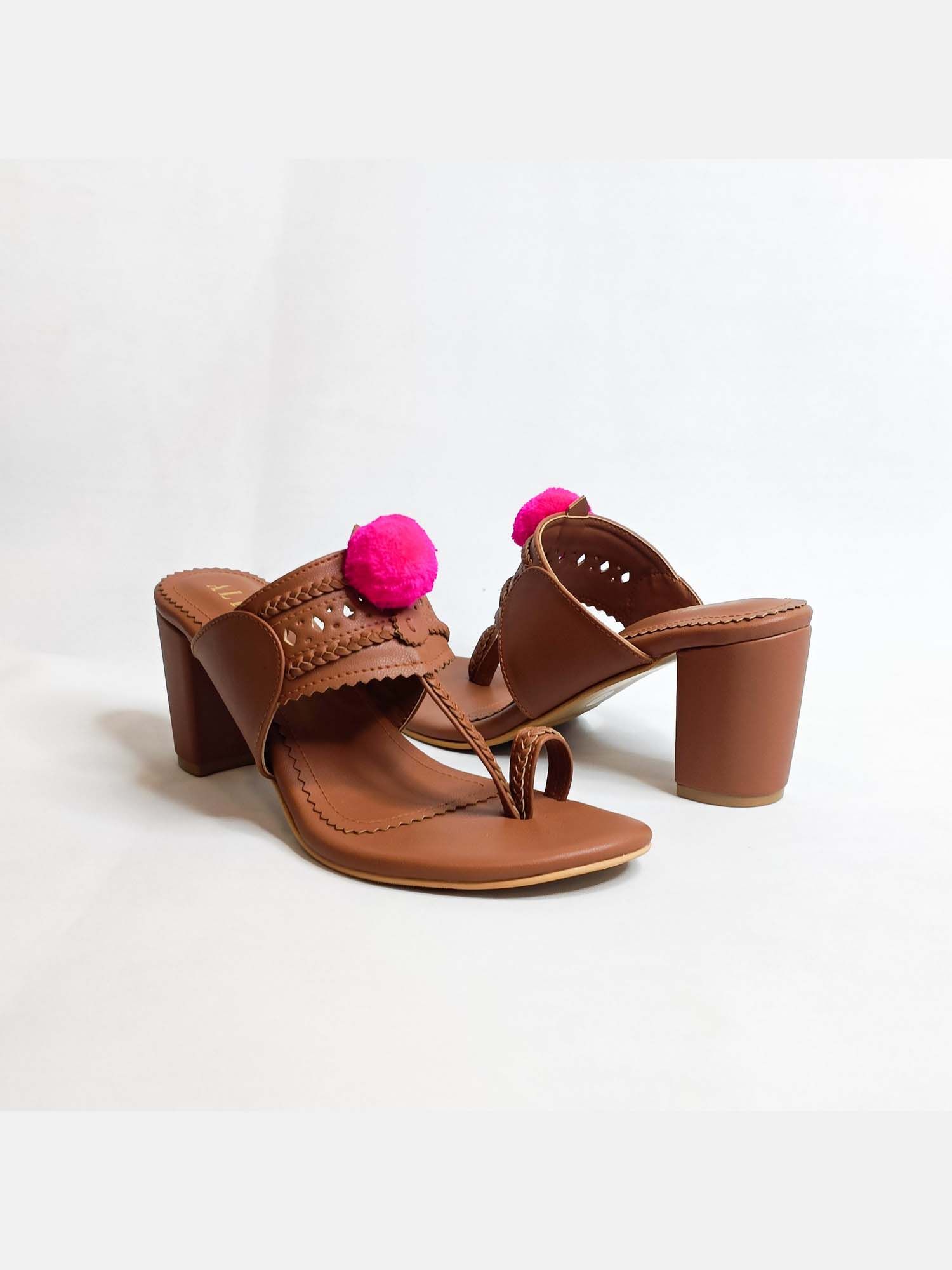 Pom Pom Tan Kohla Block Heels