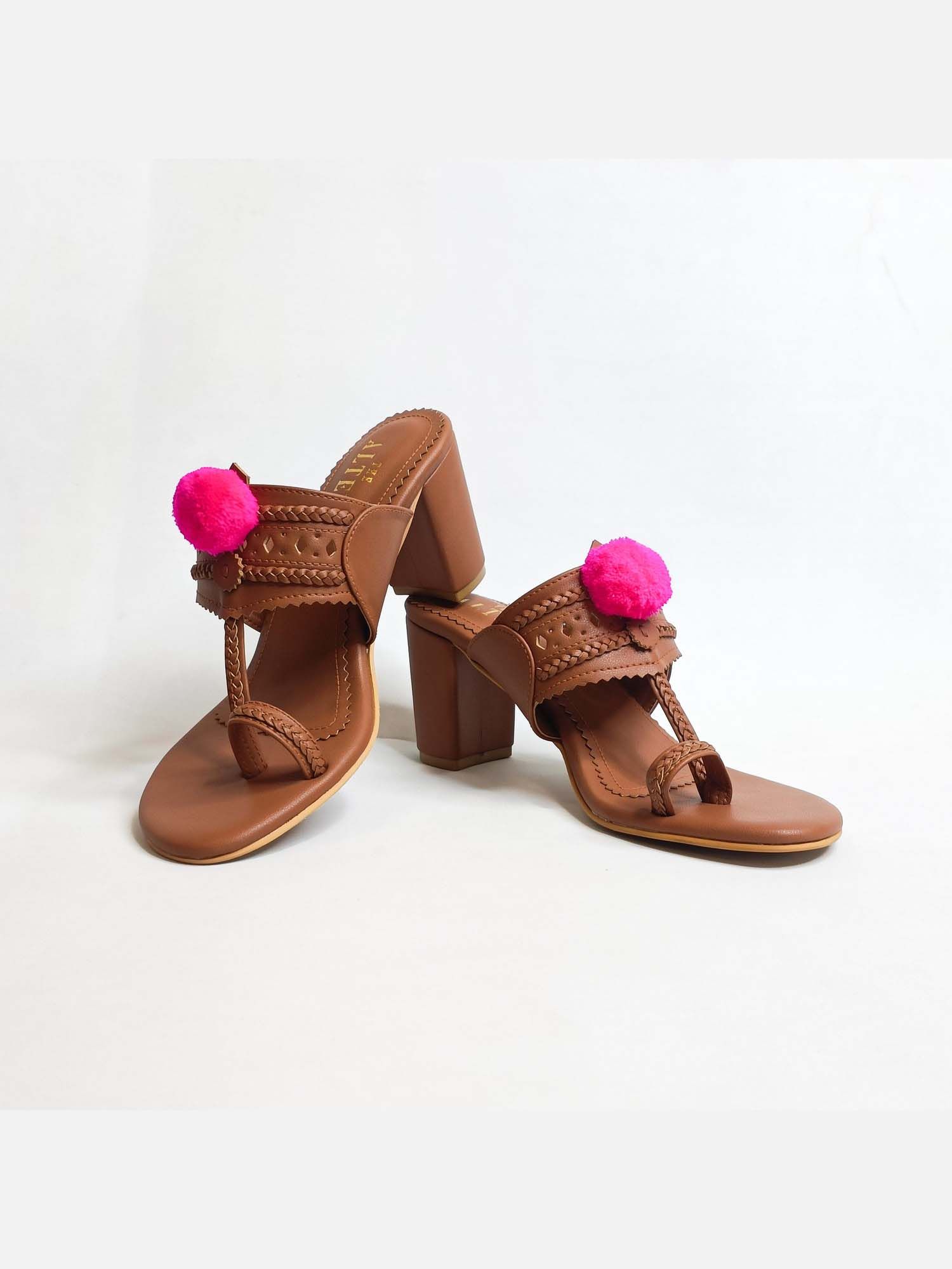 Pom Pom Tan Kohla Block Heels