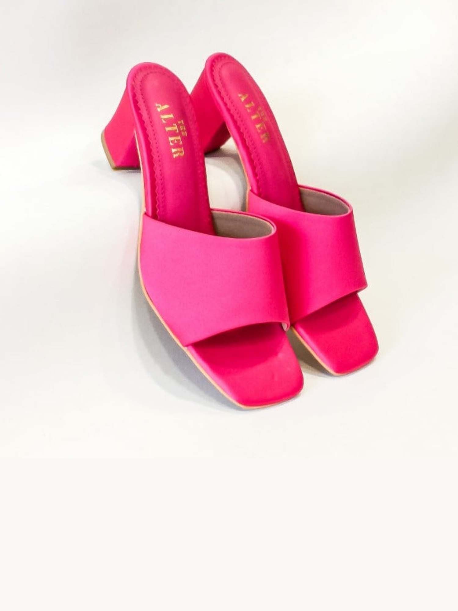 T Shaped Pink Satin Block Heels
