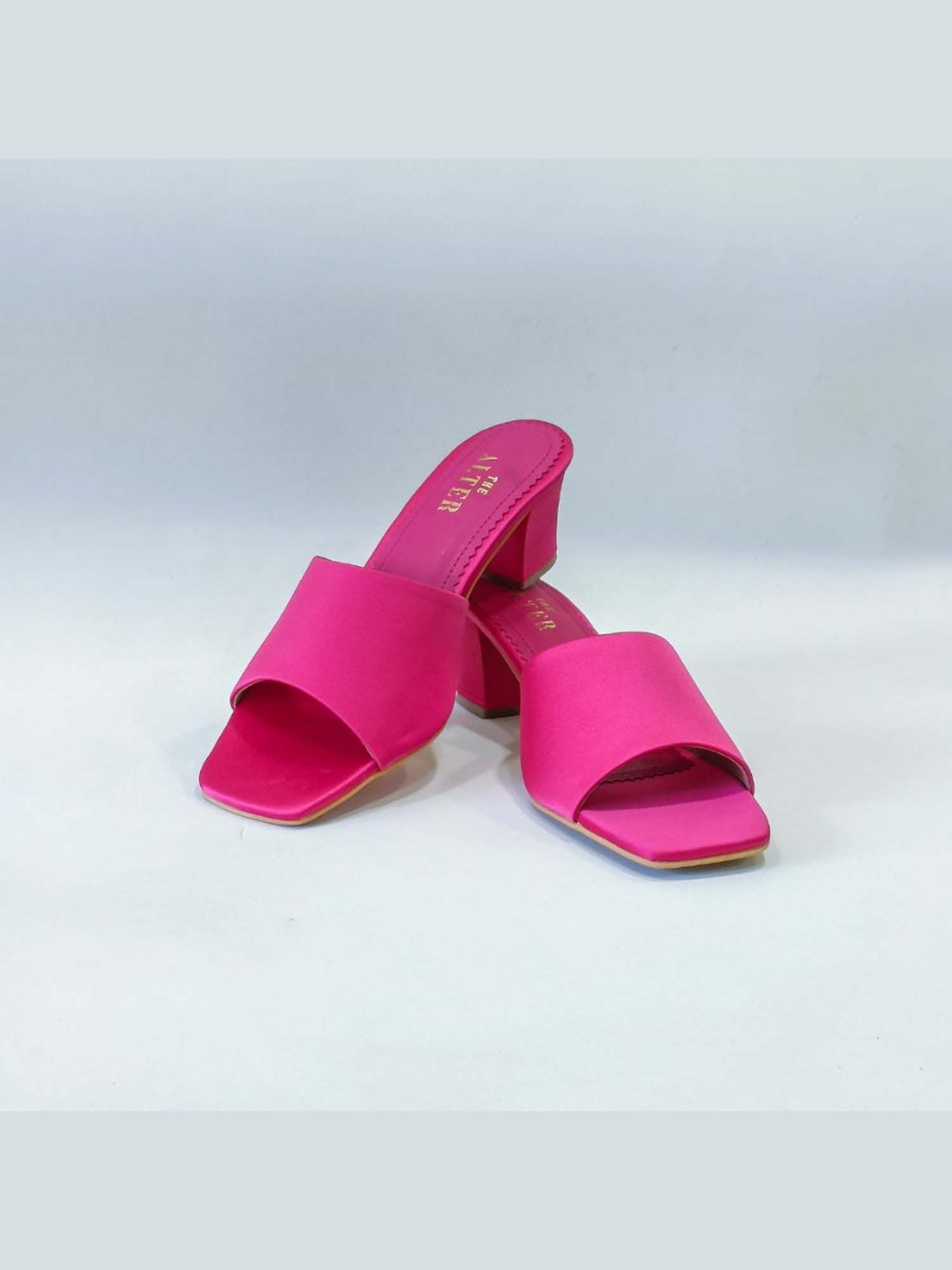 T Shaped Pink Satin Block Heels