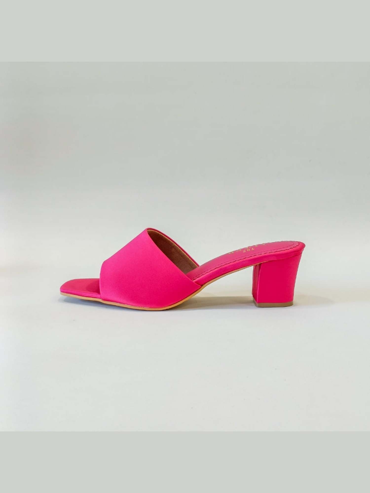 T Shaped Pink Satin Block Heels