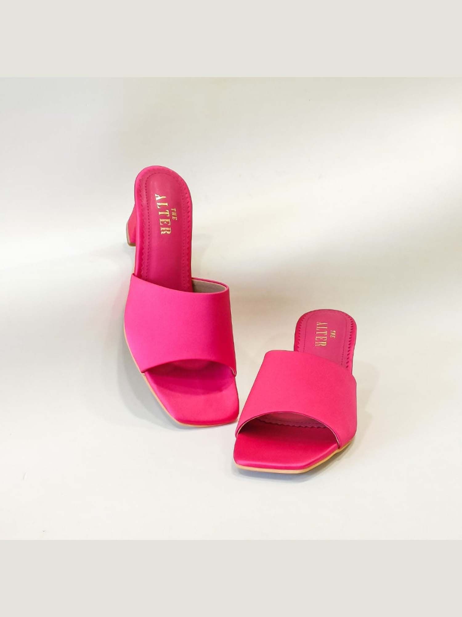T Shaped Pink Satin Block Heels